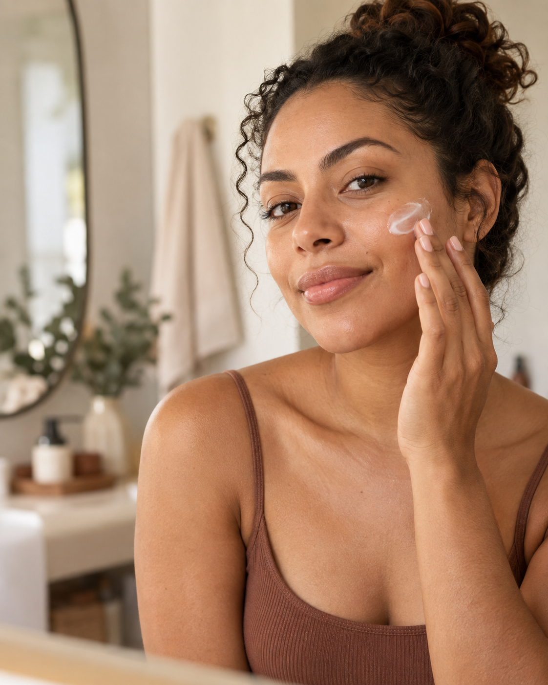 Mulher aplicando hidratante no rosto durante sua rotina de skincare